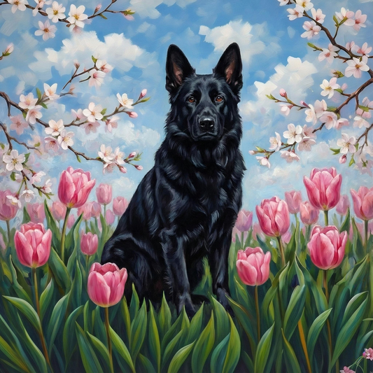 Pink Tulips Black German Shepherd Diamond Art Kit