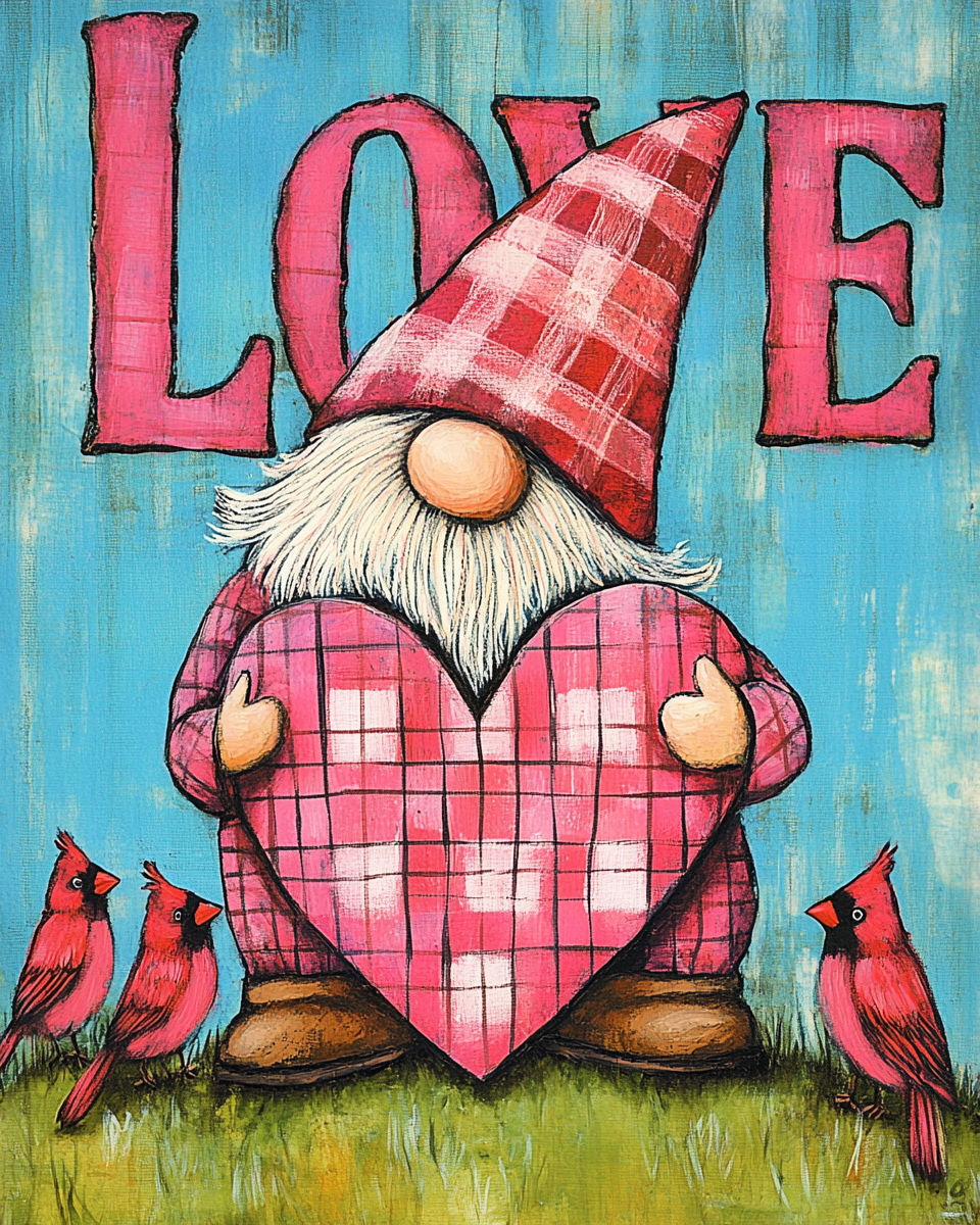 Plaid Pink Heart Gnome Diamond Art Kit