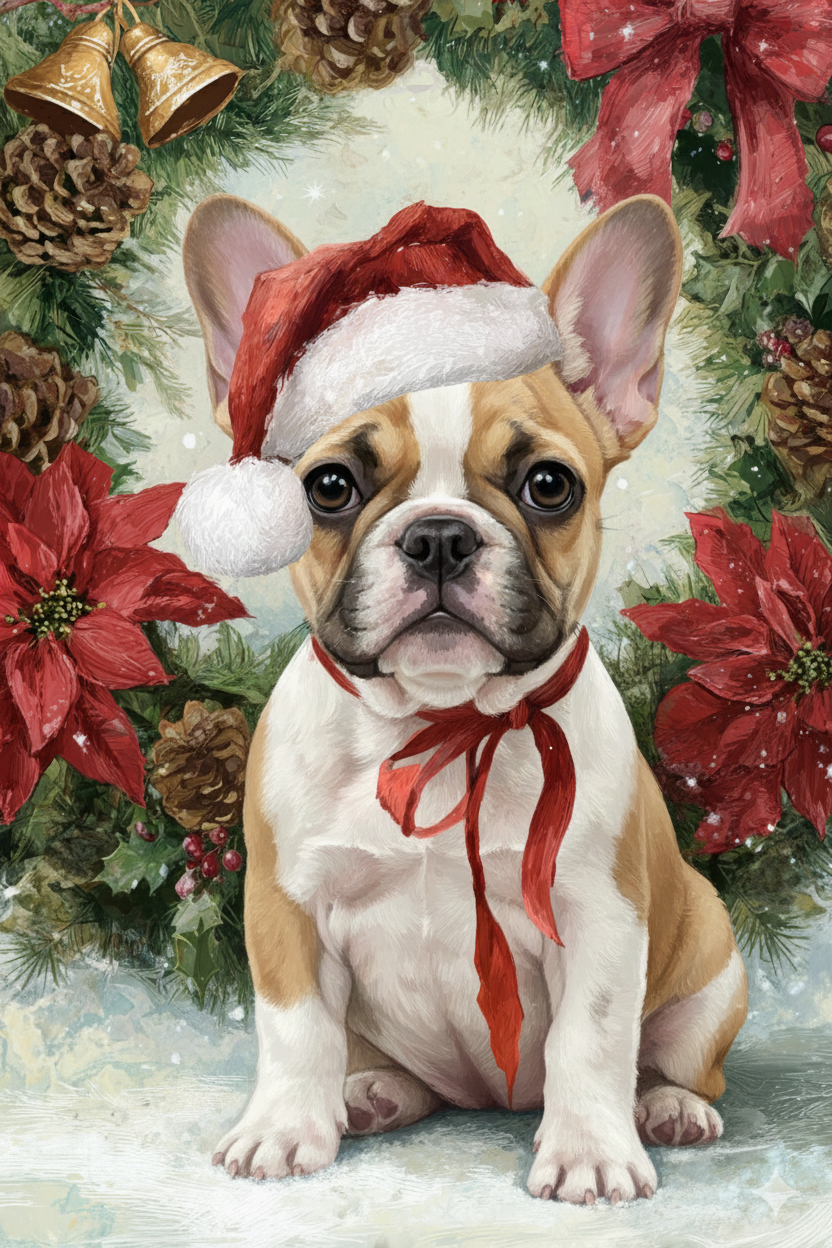 Poinsettia and Pinecone Wreath French Bulldog Diamond Art Kit