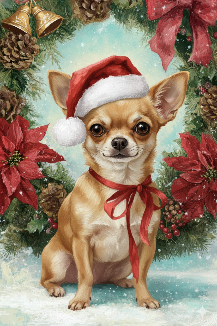 Poinsettia and Pinecones Chihuahua Diamond Art Kit
