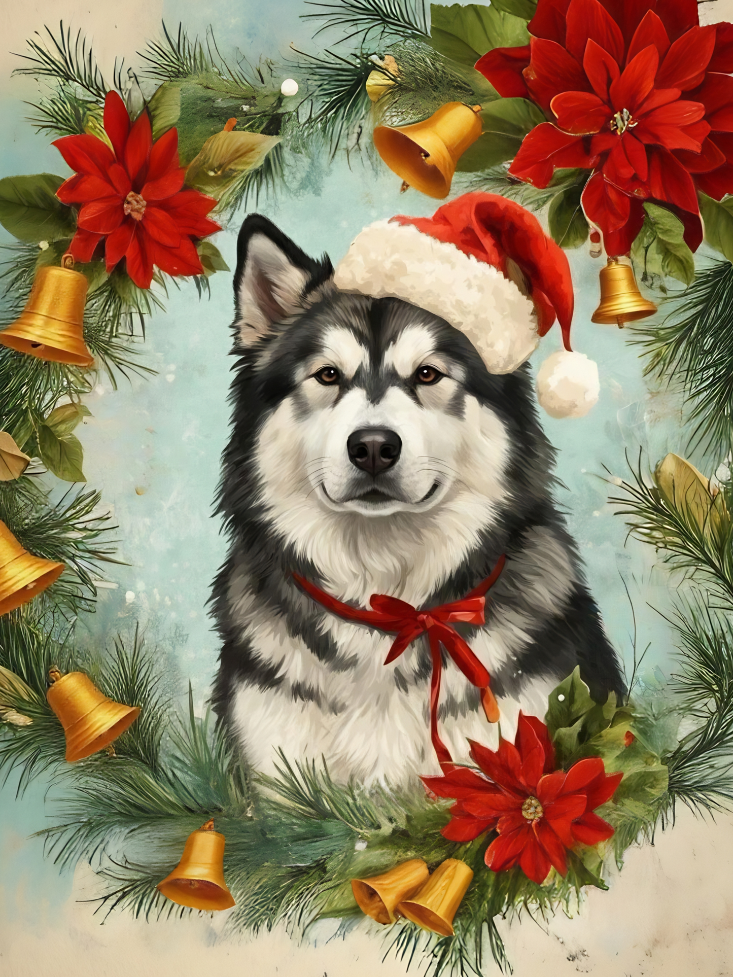 Poinsettia Wreath Alaskan Malamute Diamond Art Kit