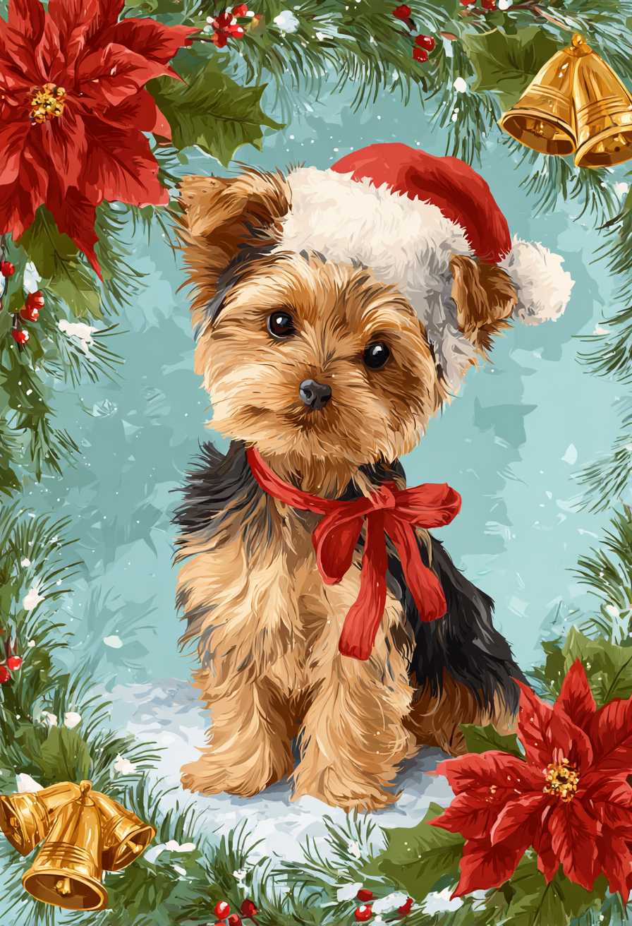 Poinsettia and Bells Yorkie Diamond Art Kit
