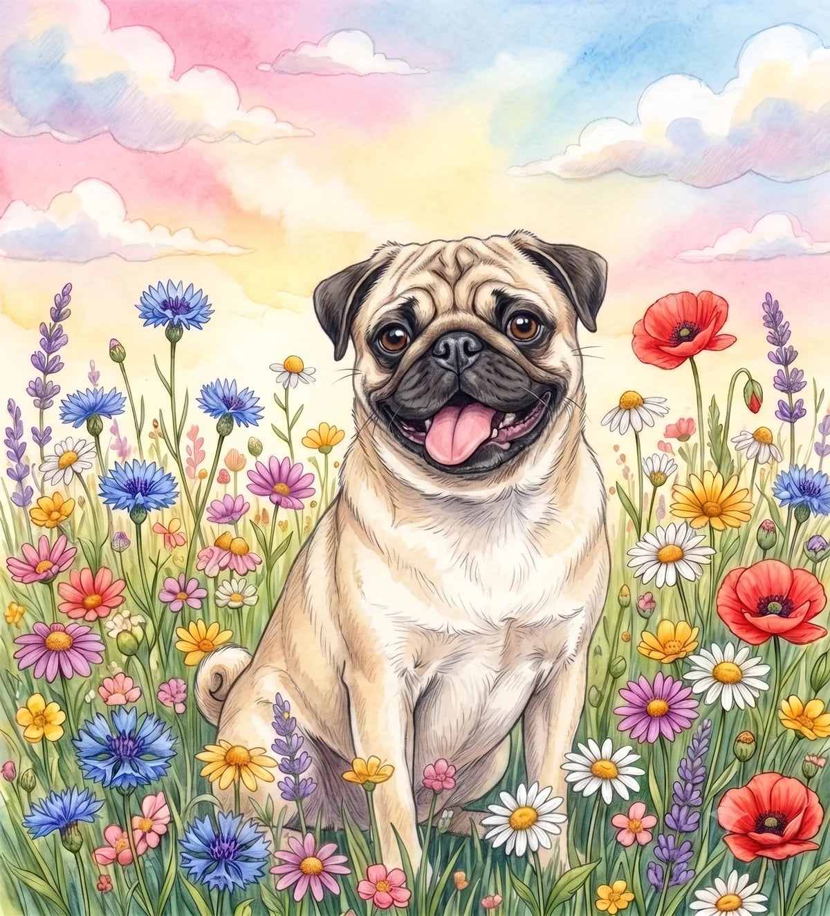 Pug In A Wildflower Field Diamond Art Kit