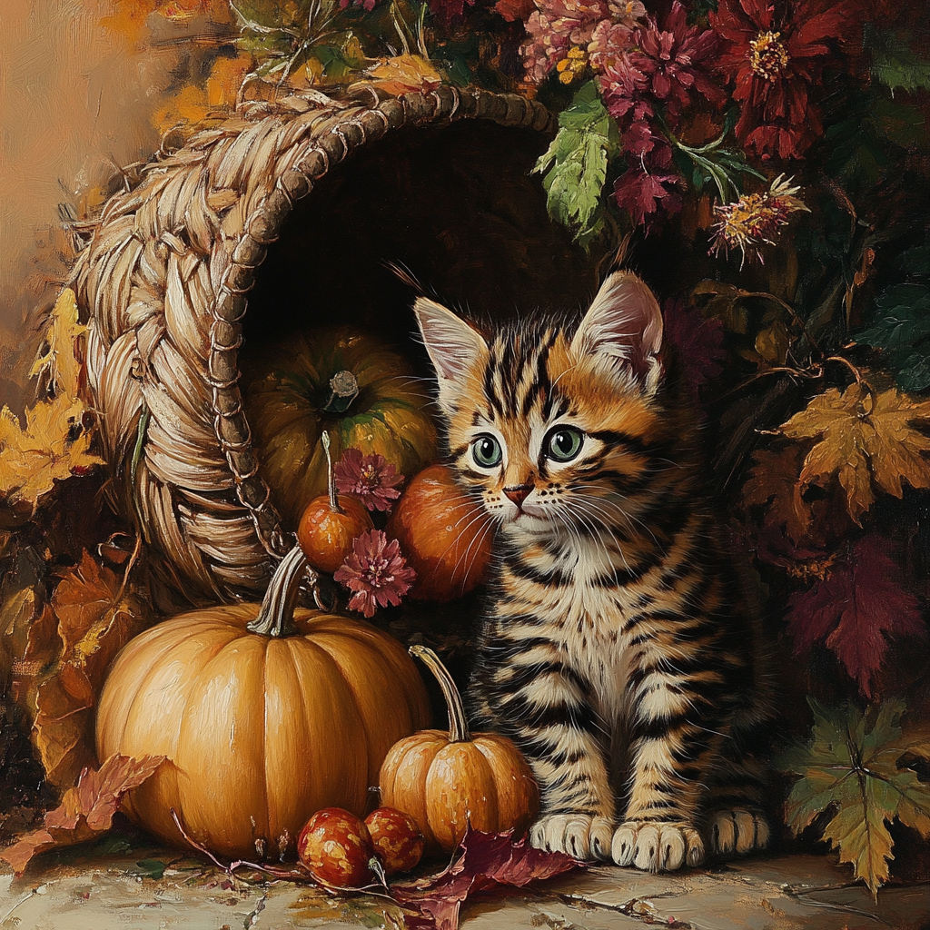 Pumpkin Cornucopia and Striped Kitten Diamond Art Kit
