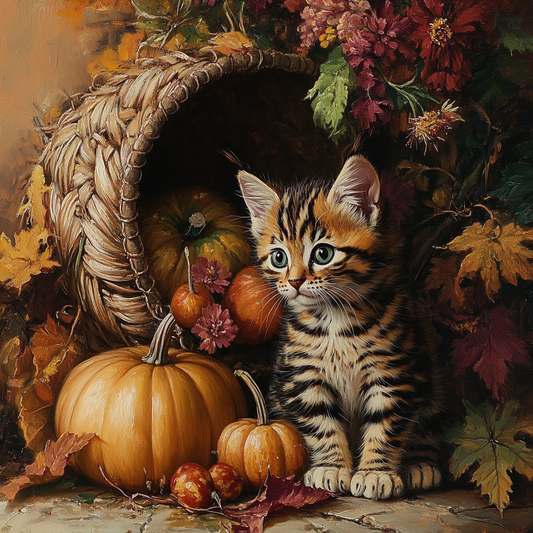 Pumpkin Cornucopia and Striped Kitten Diamond Art Kit