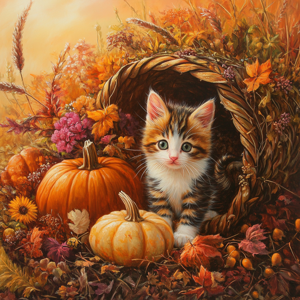 Pumpkin Cornucopia Kitten Diamond Art Kit