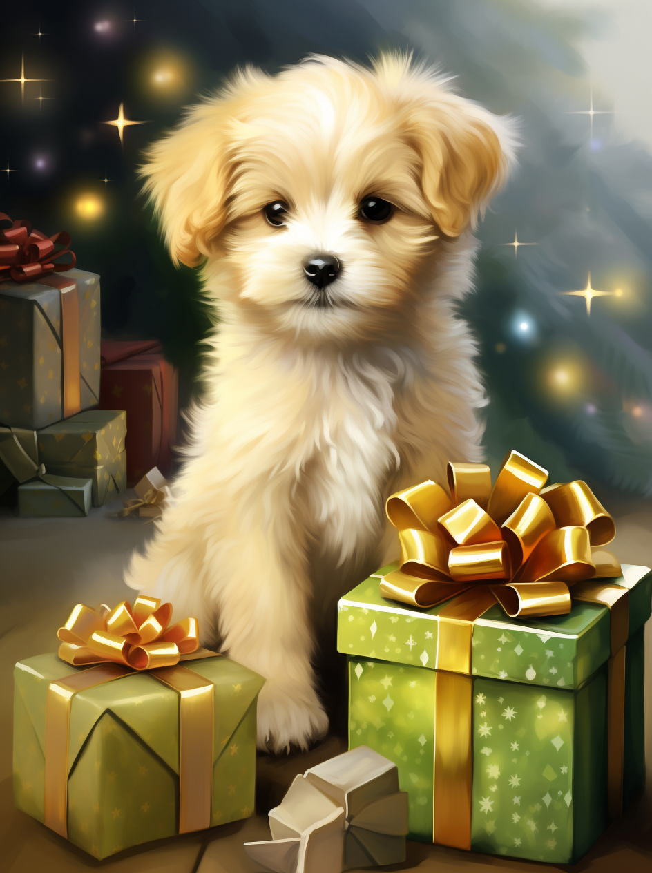 Puppy and Green Christmas Present Diamond Art Kit