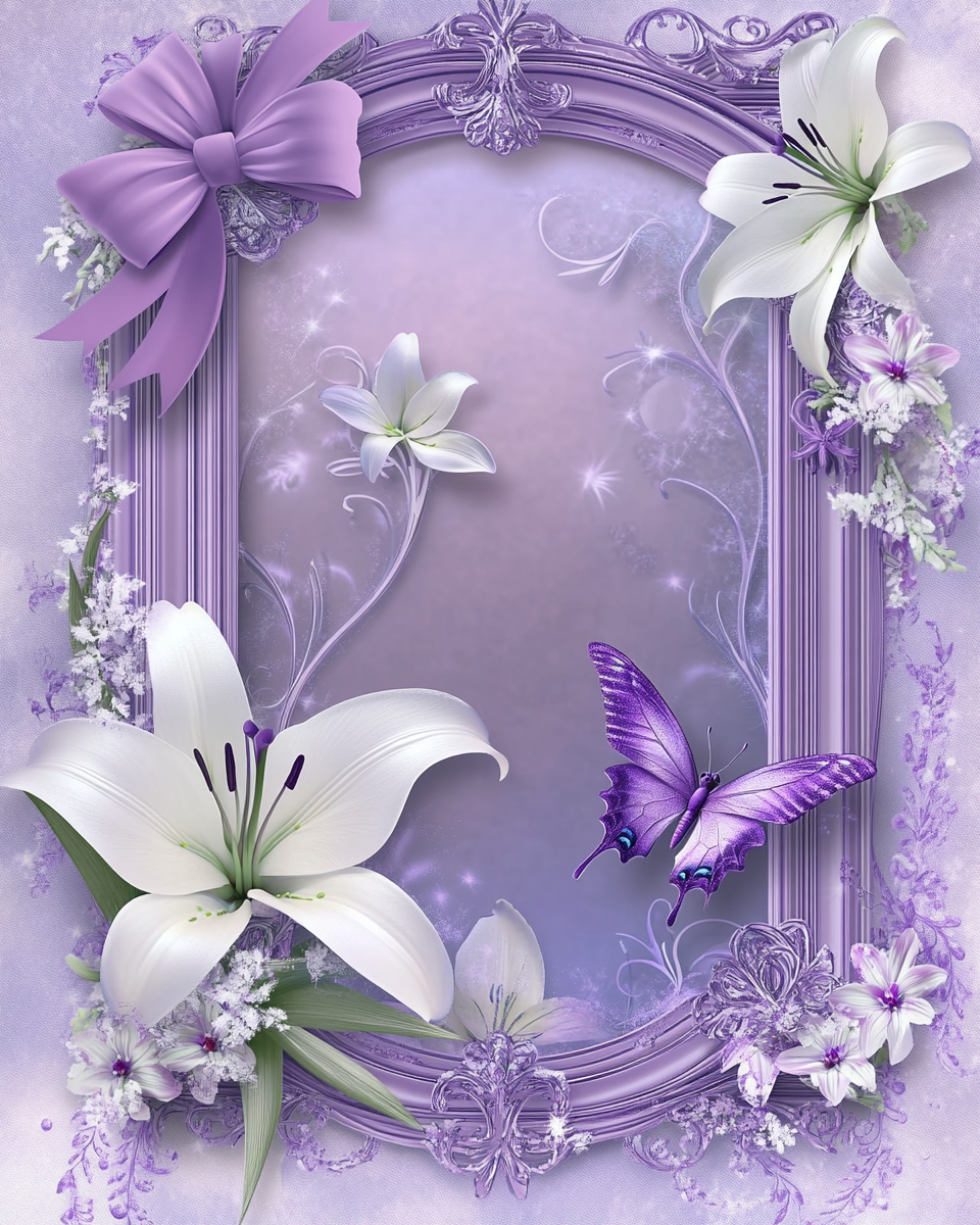 Purple Butterflies and Lilies Frame Diamond Art Kit