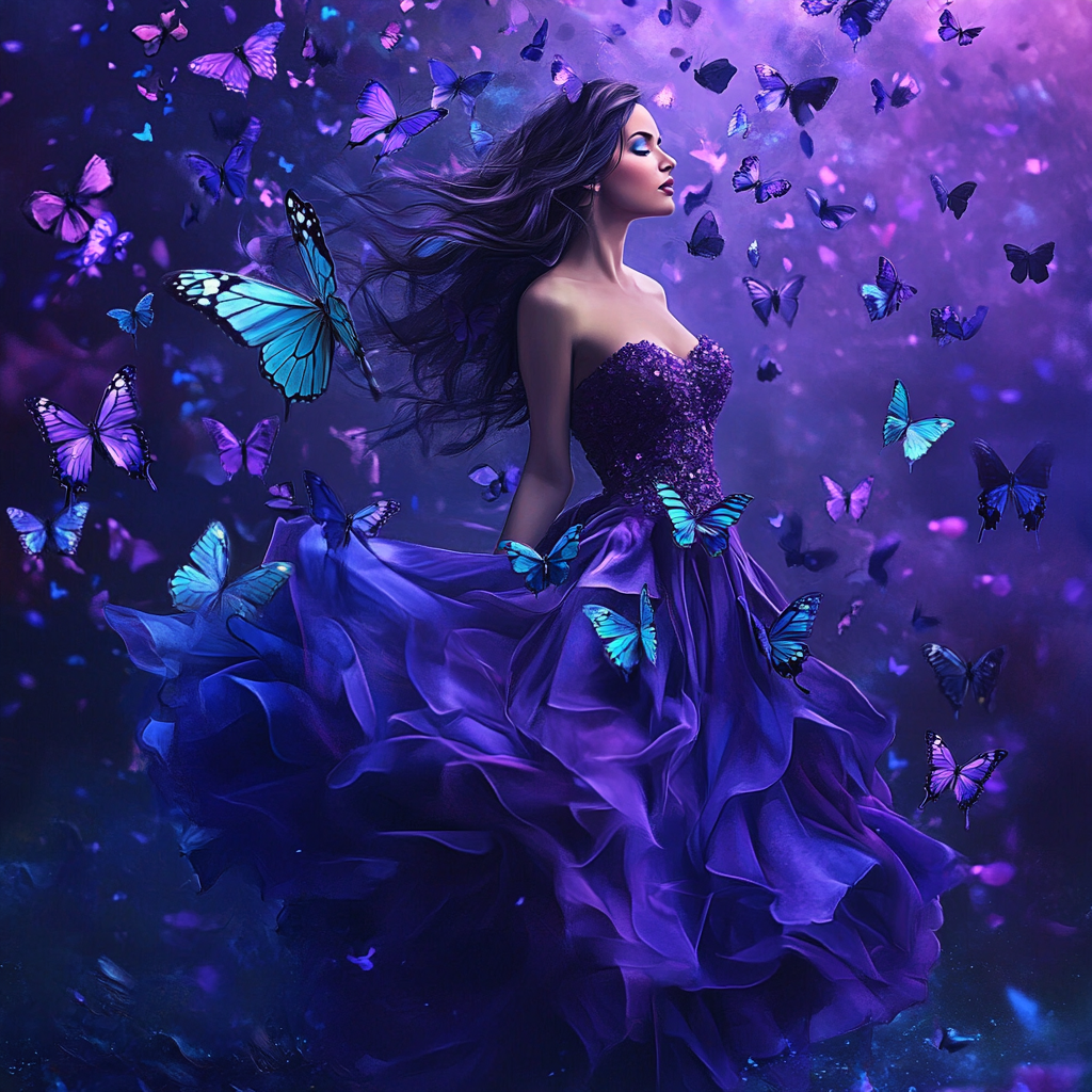 Purple Dress Girl and Butterflies Diamond Art Kit