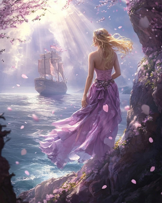 Purple Dress Woman by the Shore Diamond Art Kit