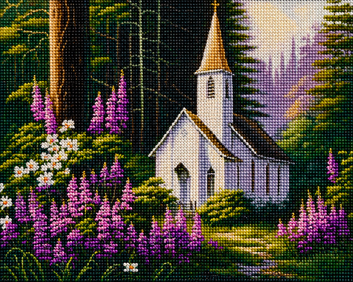 Purple Flower Church Diamond Art Kit — diamond art kit canvas