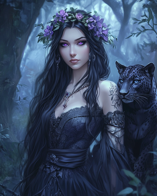 Purple Flower Crown Princess and Spotted Panther Diamond Art Kit