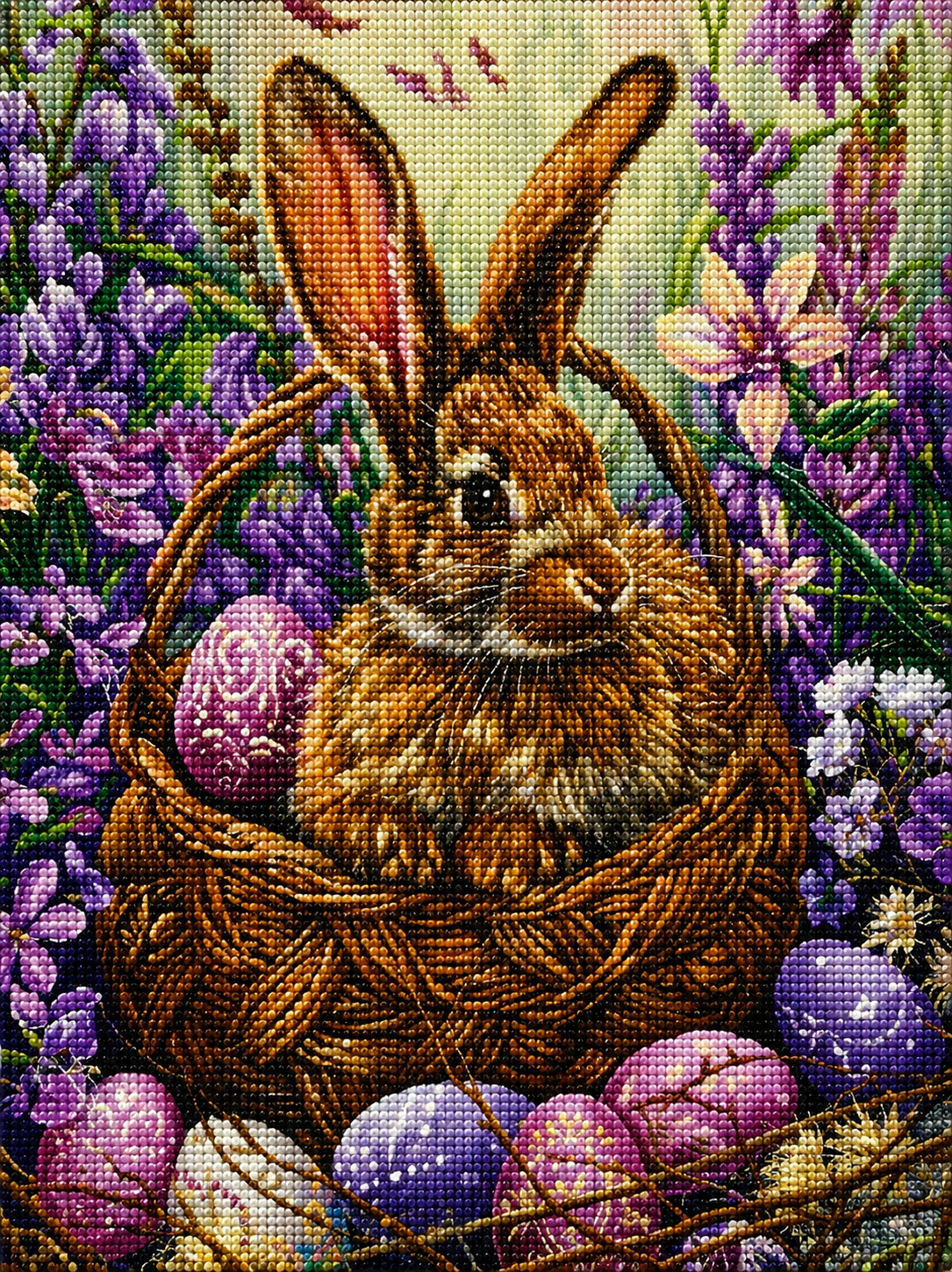 Purple Flower Eggs And Brown Rabbit Diamond Art Kit