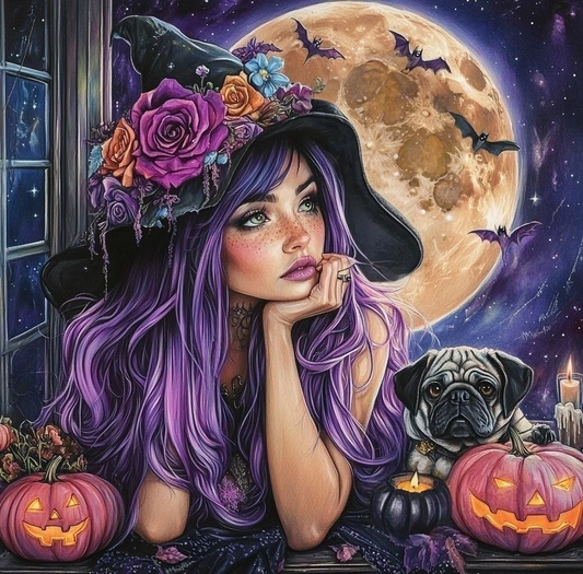 Purple Hair Witch and Pug Diamond Art Kit