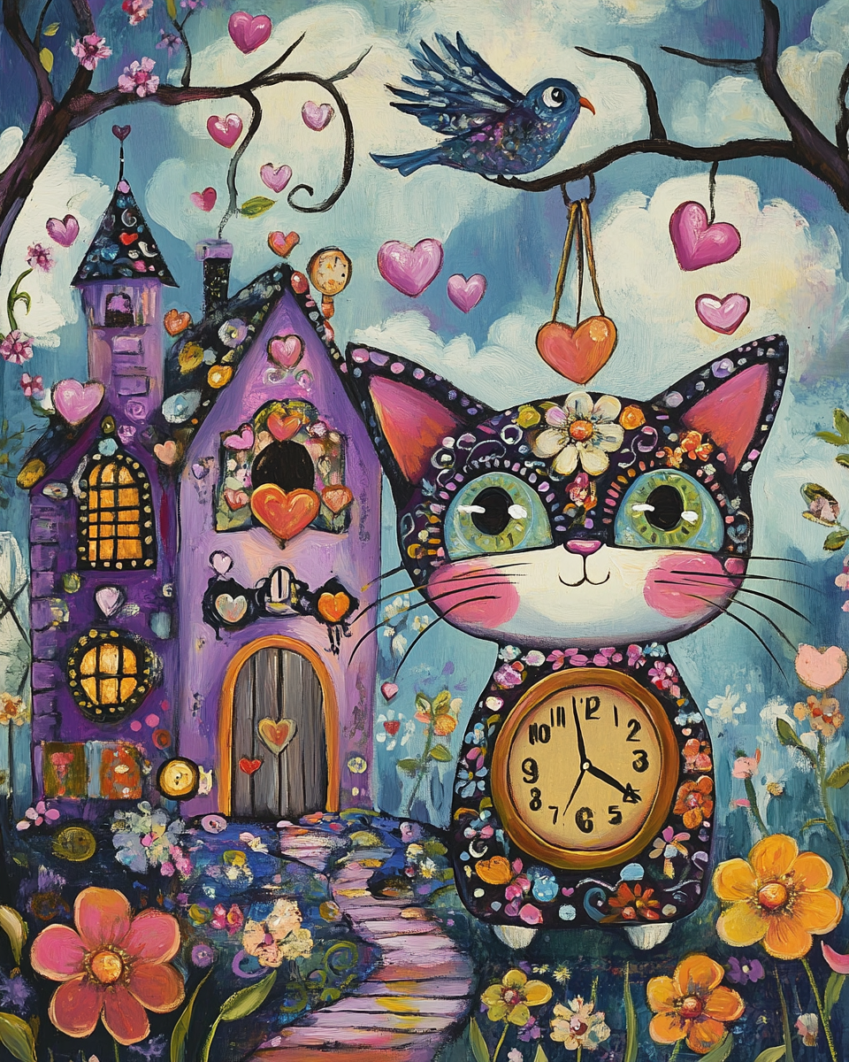 Purple House Cat Clock Diamond Art Kit