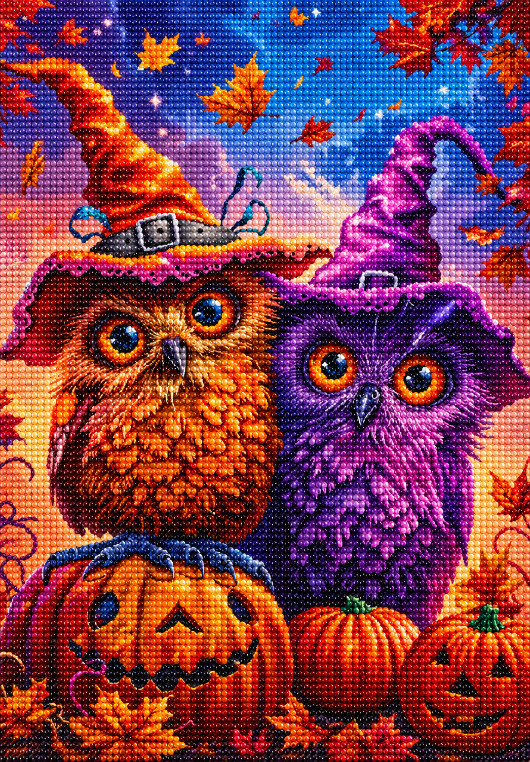 Purple And Orange Jack-o-Lantern Owls Diamond Art Kit