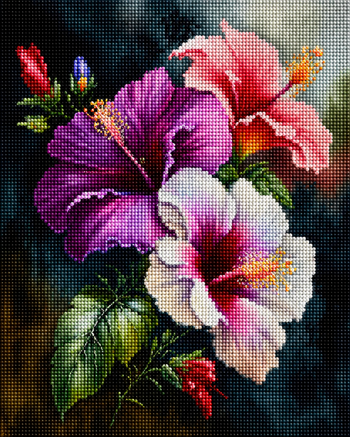 Purple, Pink, And White Hibiscus Diamond Art Kit