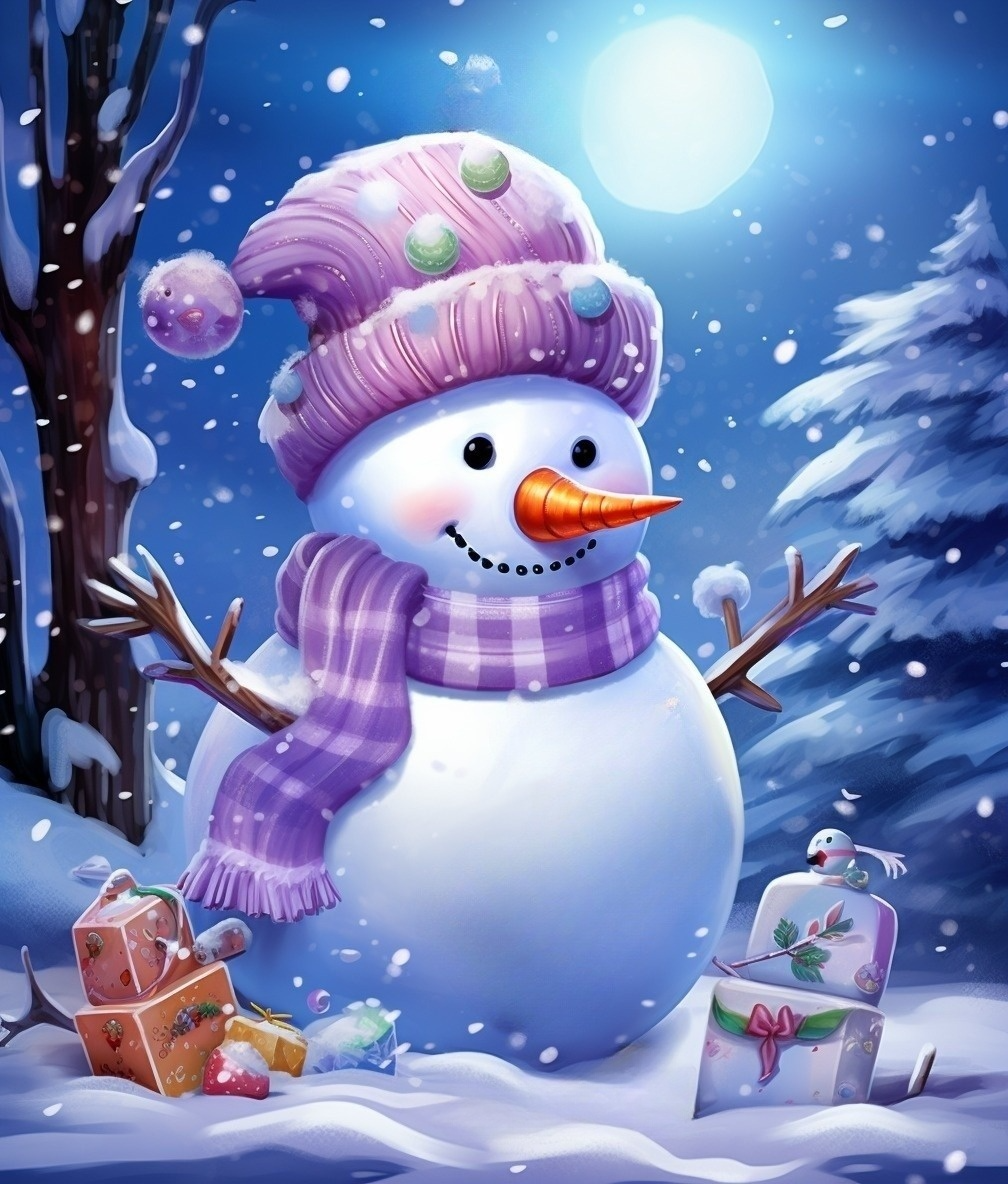 Purple Scarf Snowman Diamond Art Kit