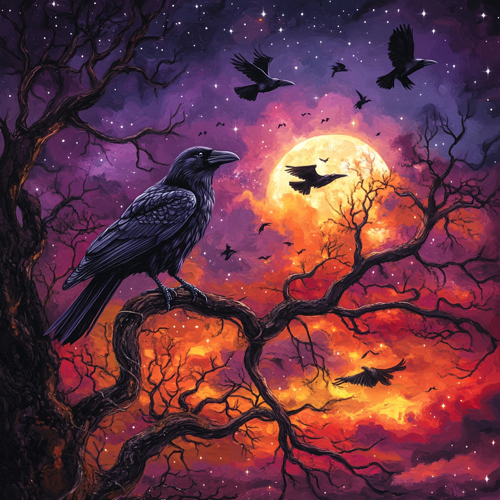 Purple Sky Moonlight Ravens Diamond Art Kit