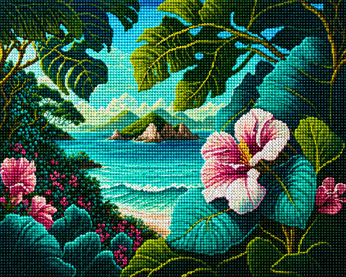Purple Tropical Flower Beach Scene Diamond Art Kit — diamond art kit canvas