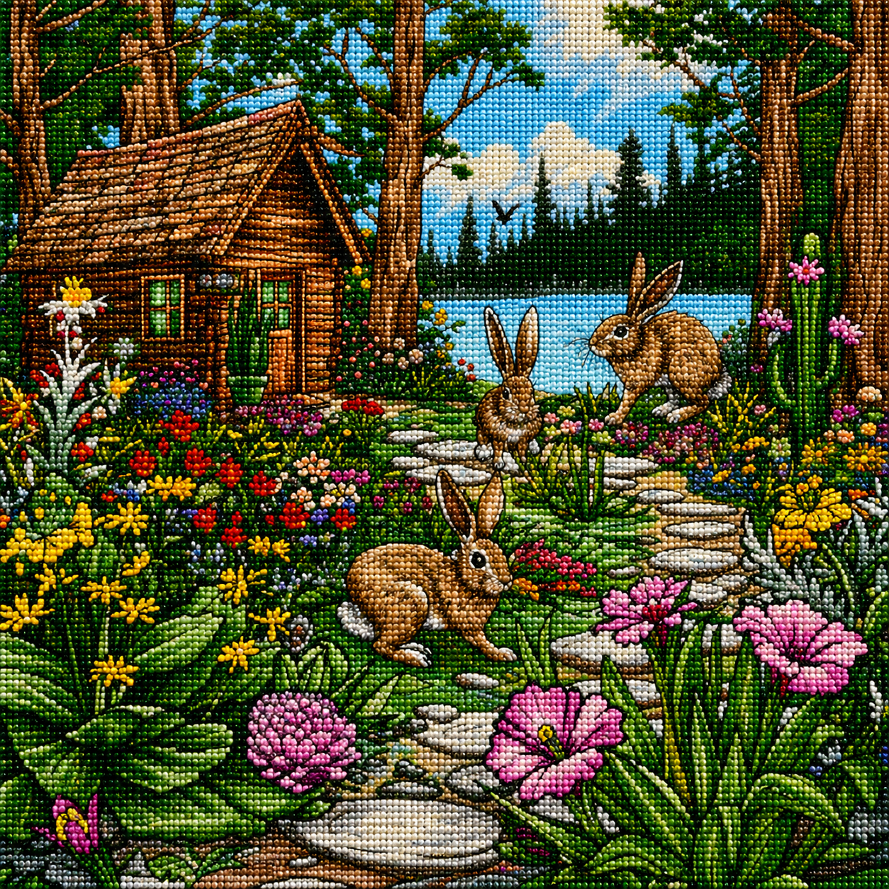 Rabbits By The Cabin Diamond Art Kit
