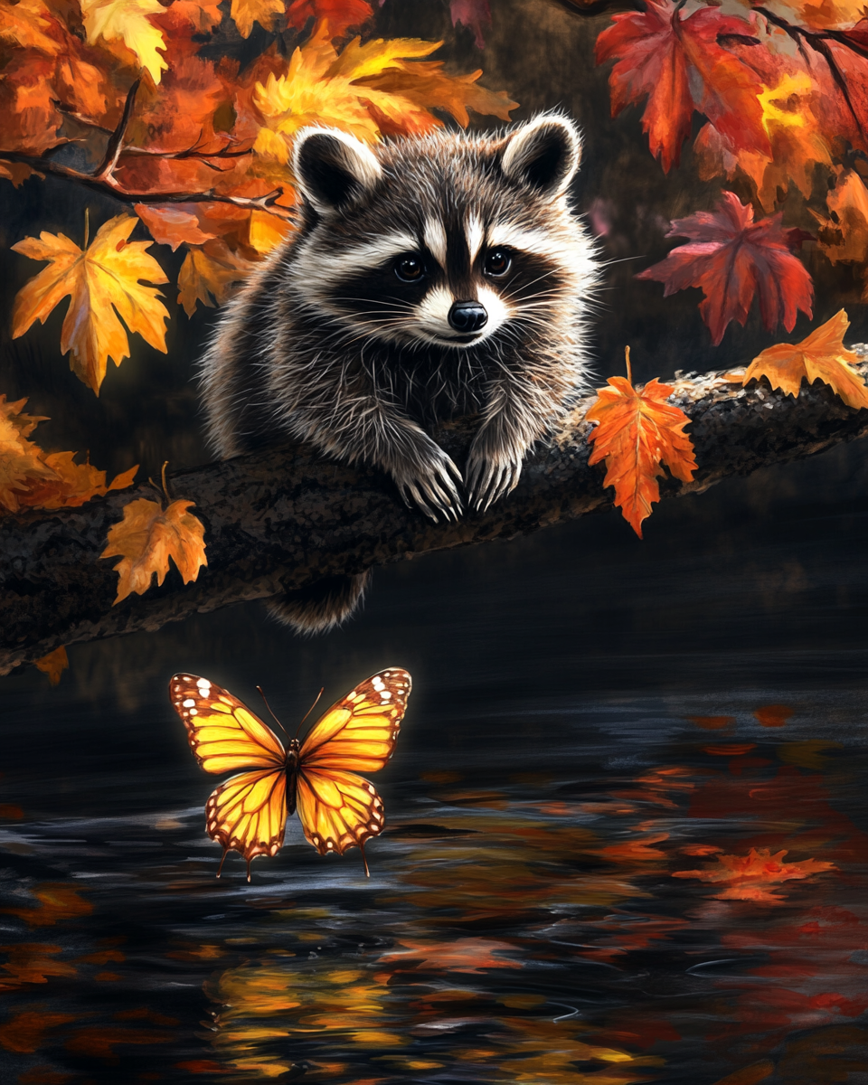 Raccoon and Orange Butterfly Diamond Art Kit