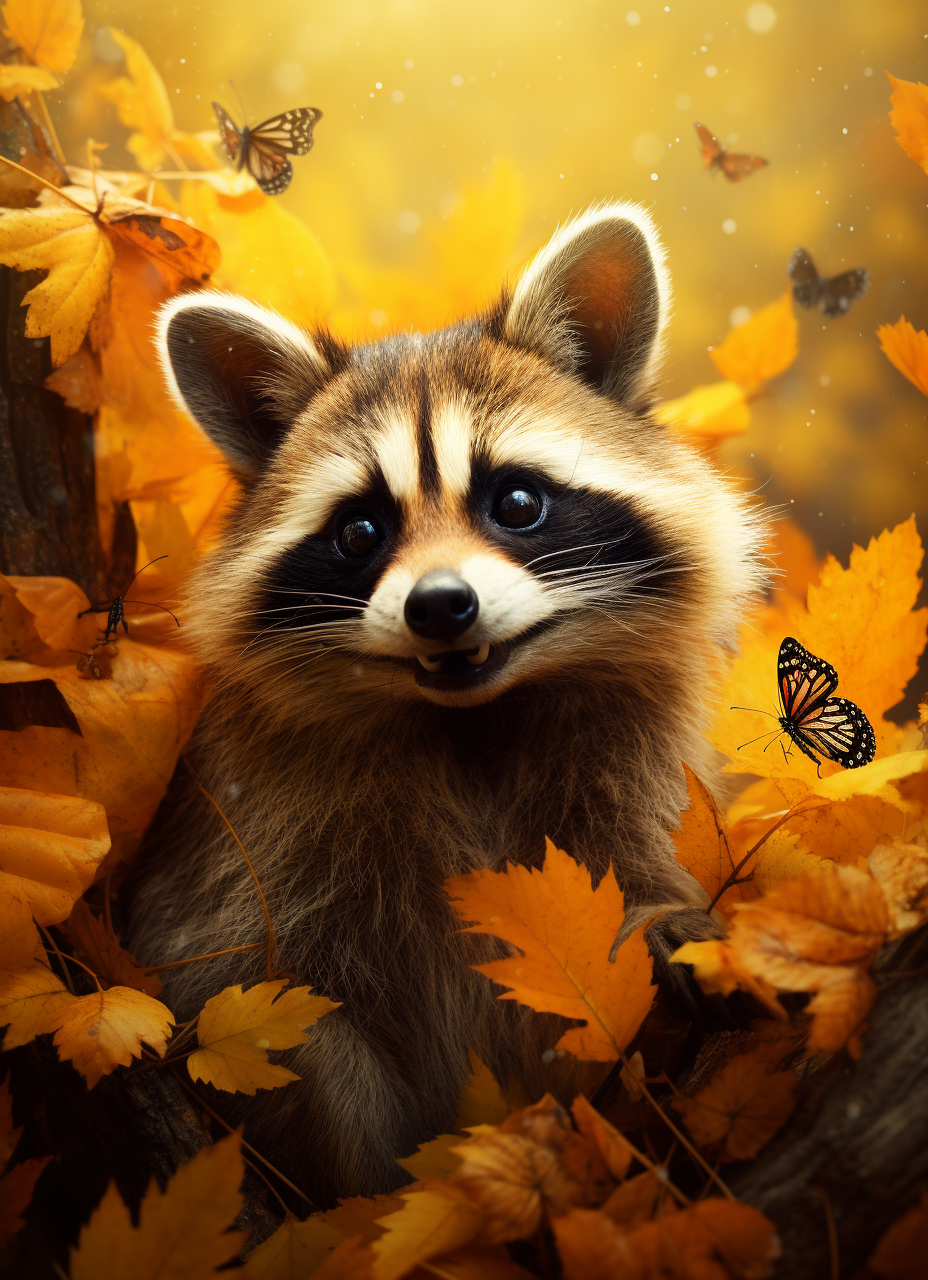 Raccoon and Butterflies in Leaves Diamond Art Kit