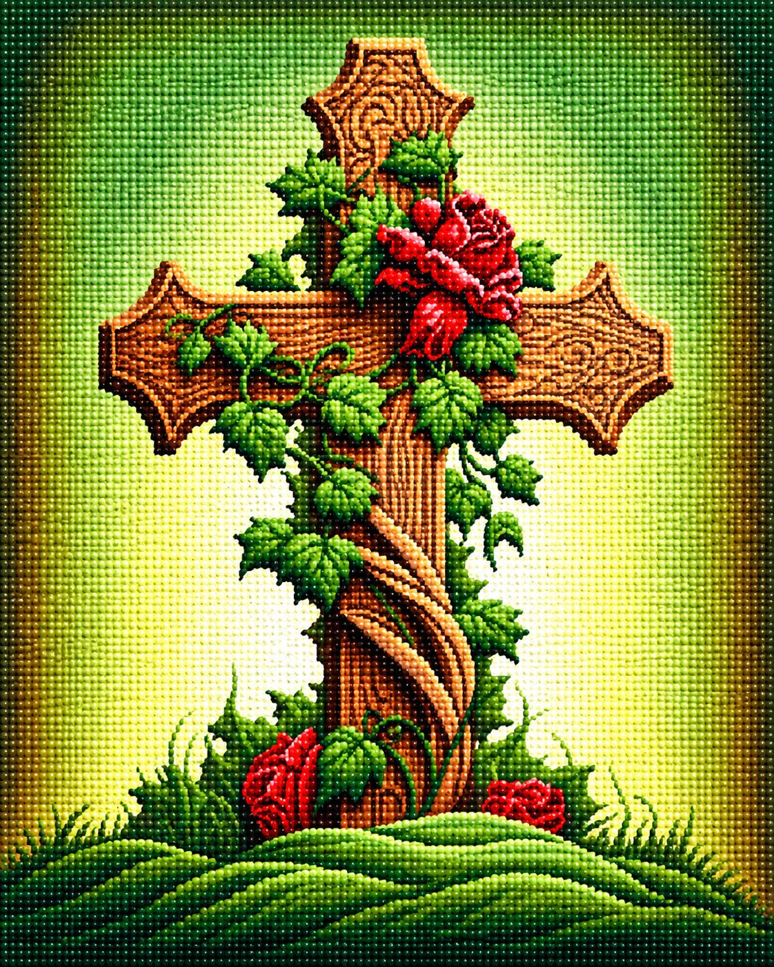 Red Flower Detailed Wood Cross Diamond Art Kit