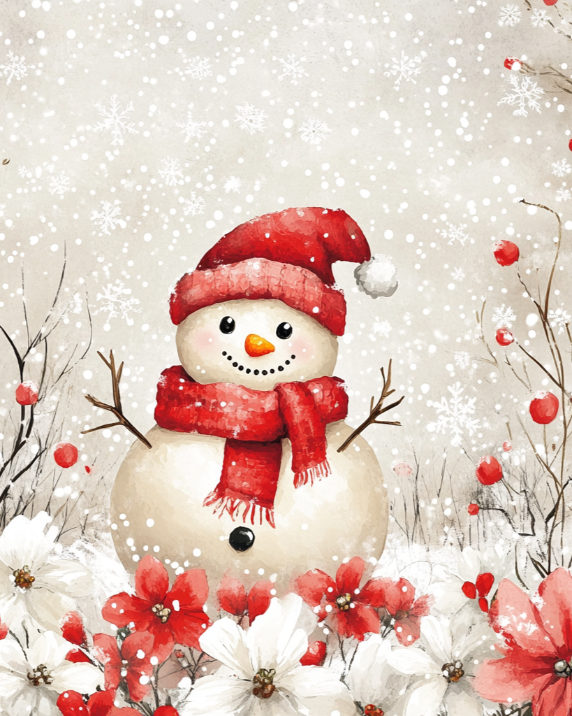 Red and White Flowers Snowman Diamond Art Kit