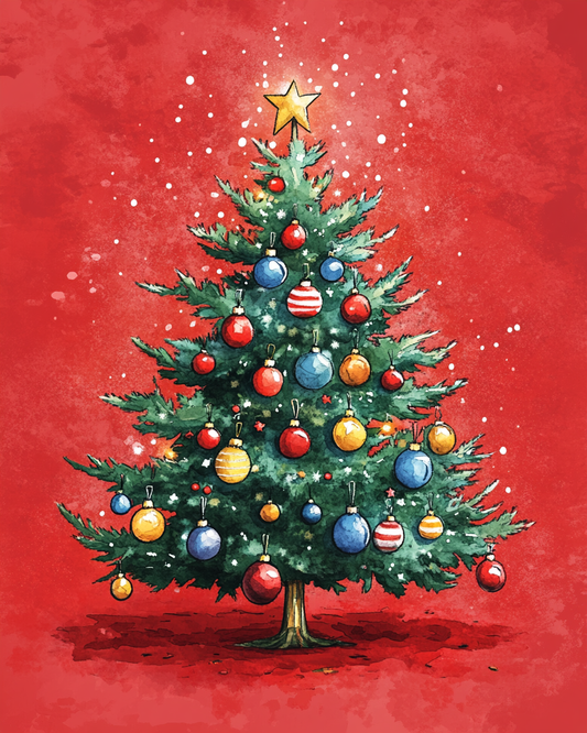 Red Background Christmas Tree Diamond Art Kit