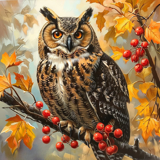 Red Berry Owl in a Tree Diamond Art Kit
