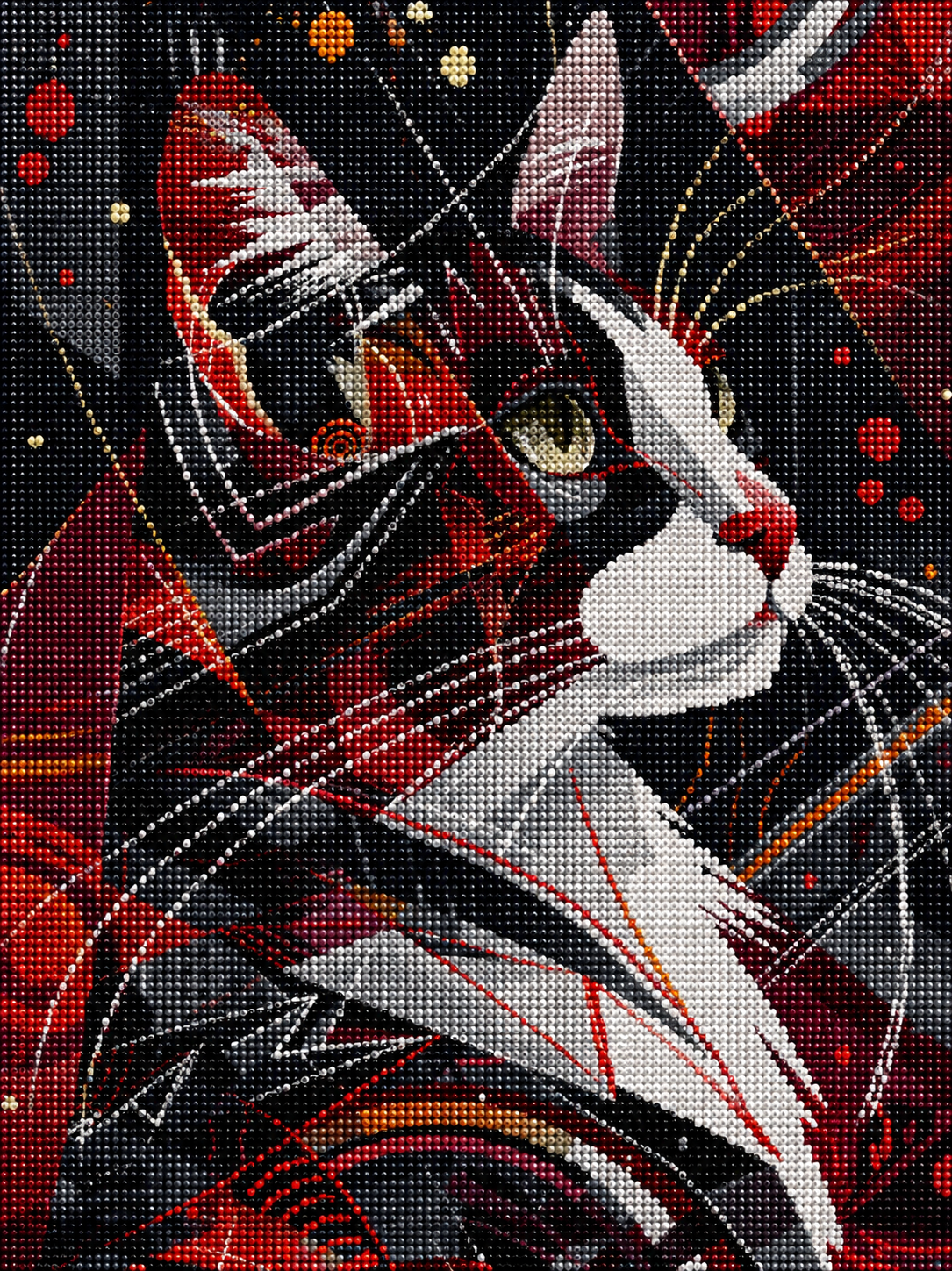 Red, Black, And White Abstract Cat Diamond Art Kit