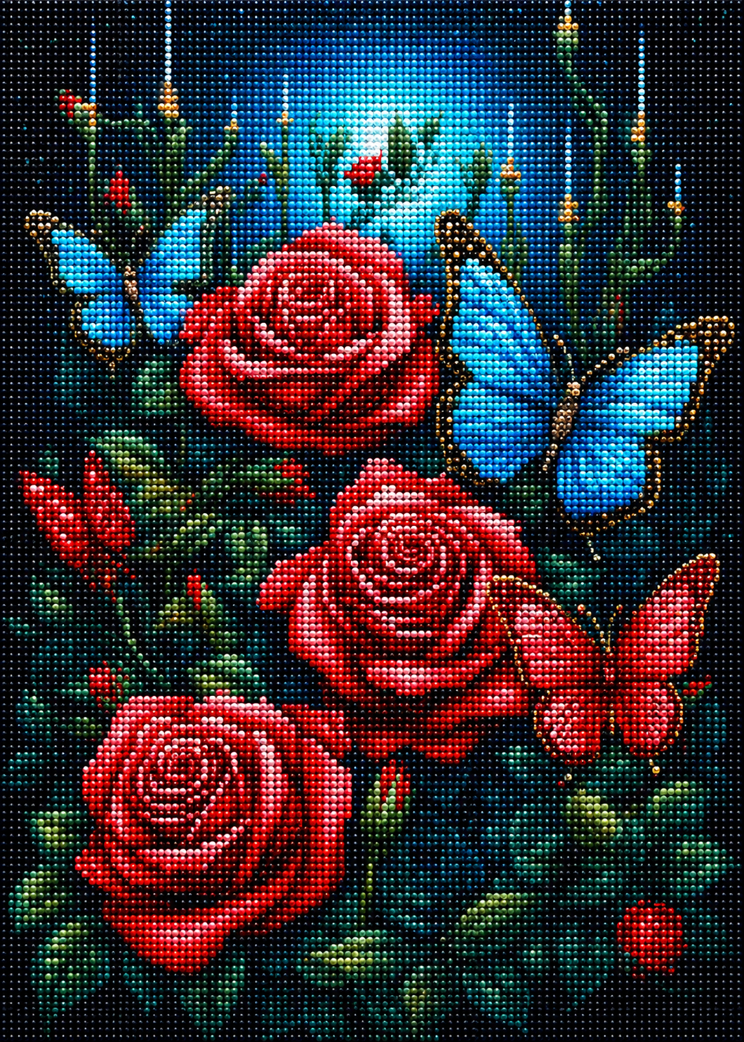 Red And Blue Butterflies With Roses Diamond Art Kit