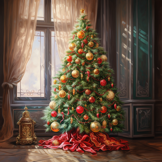 Red and Gold Christmas Tree in the Window Diamond Art Kit