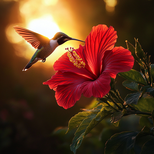 Red Hibiscus and Leaves Hummingbird Diamond Art Kit