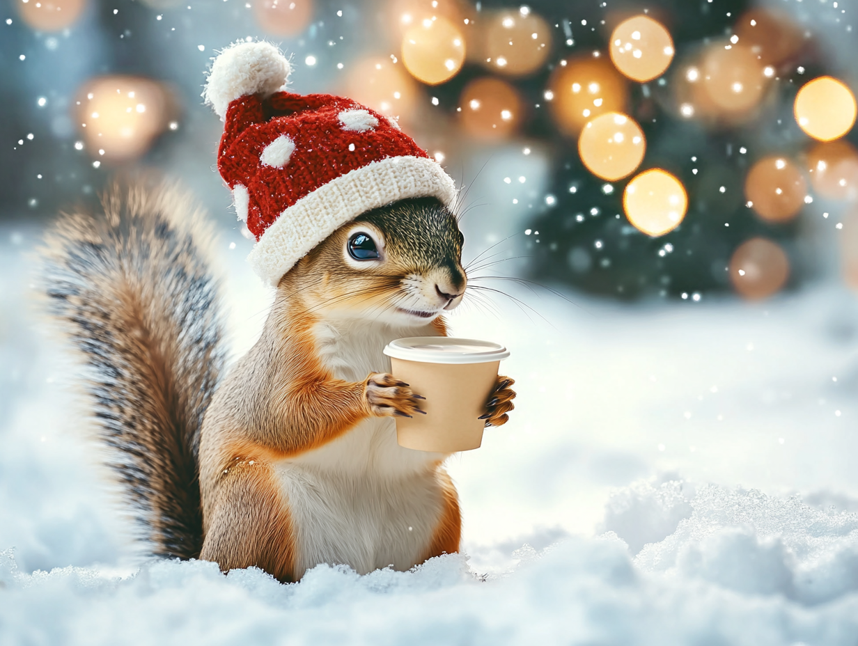 Red Knit Hat Squirrel with Coffee Diamond Art Kit