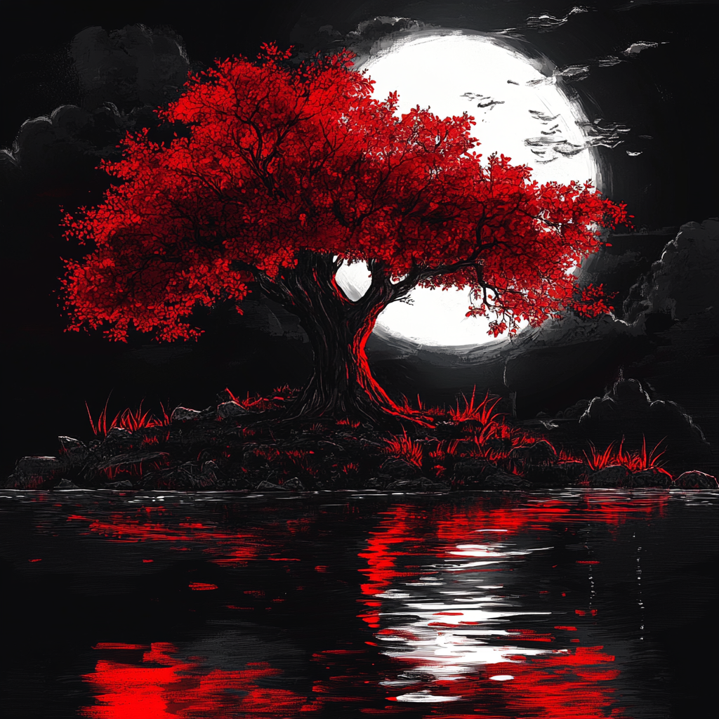 Red Leaf Tree and Full Moon Diamond Art Kit