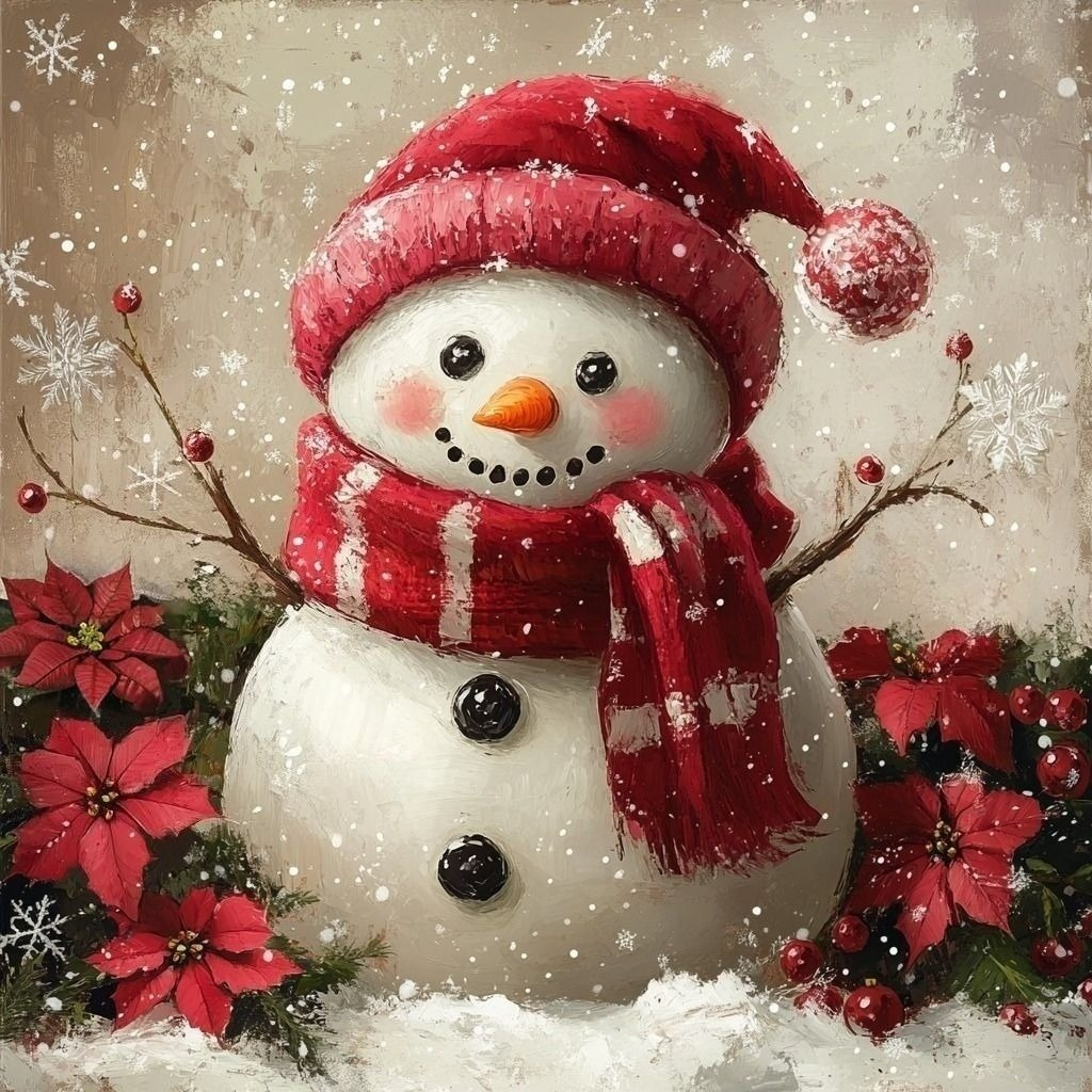 Red Poinsettia Snowman Diamond Art Kit