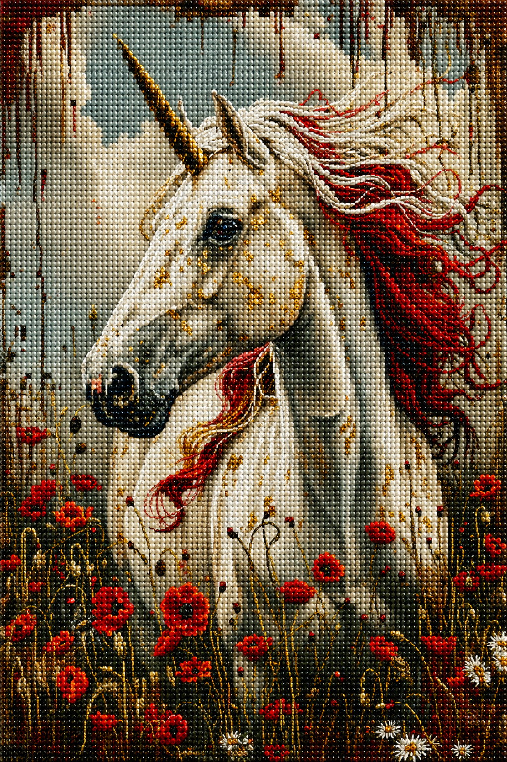 Red Poppy White Unicorn Diamond Art Kit