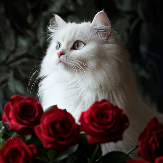 Red Roses and Long Hair White Cat Diamond Art Kit