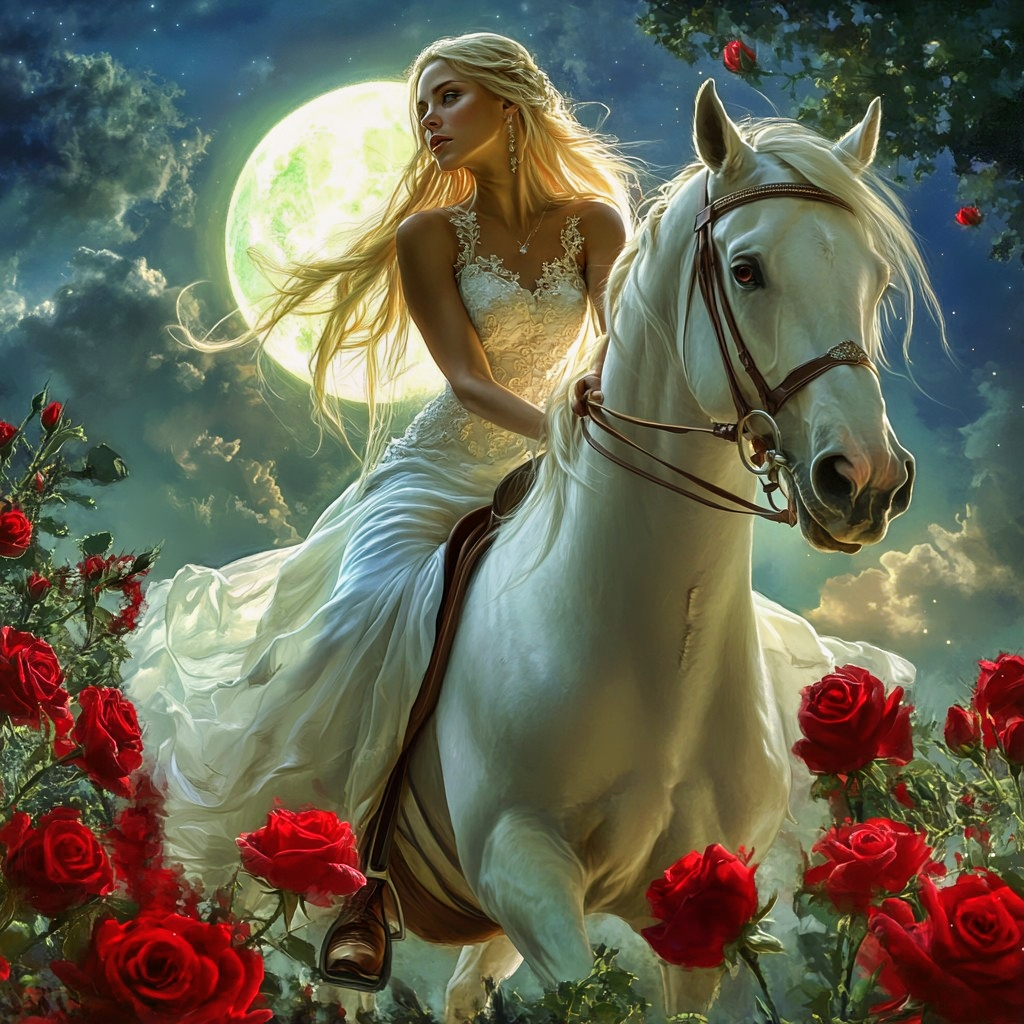 Red Rose White Horse and Girl Diamond Art Kit