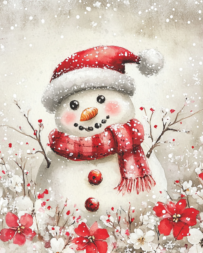 Red Scarf Snowman and Flowers Diamond Art Kit