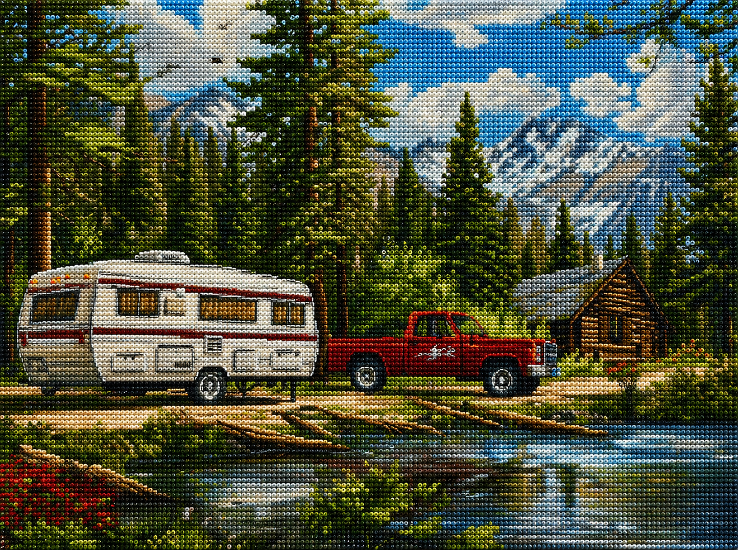 Red Truck And Trailer Cabin Diamond Art Kit