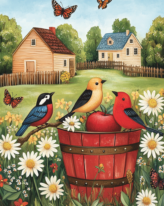 Red Wood Basket and Birds Diamond Art Kit