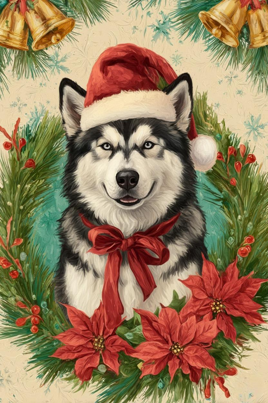 Santa Hat and Bow Alaskan Malamute Diamond Art Kit