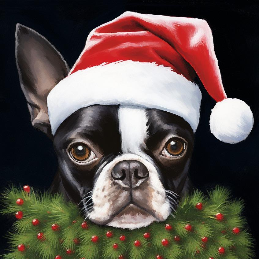 Santa Hat Boston Terrier Diamond Art Kit