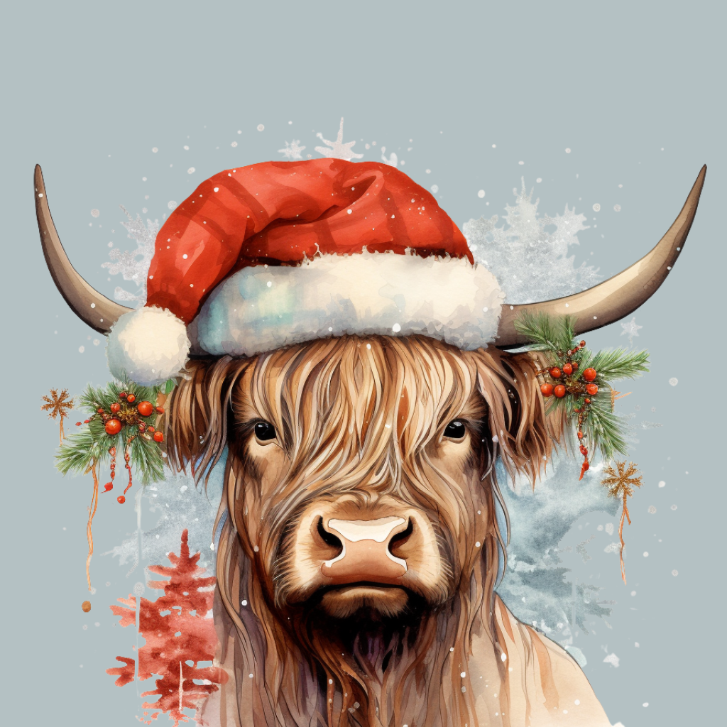 Santa Hat Highland Cow Diamond Art Kit