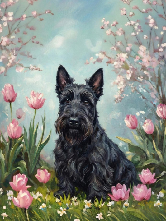 Scottish Terrier in the Tulips Diamond Art Kit