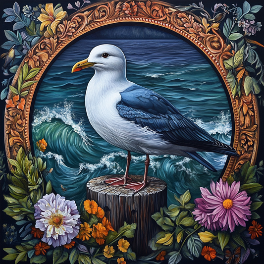 Seagull Waves and Flowers Diamond Art Kit