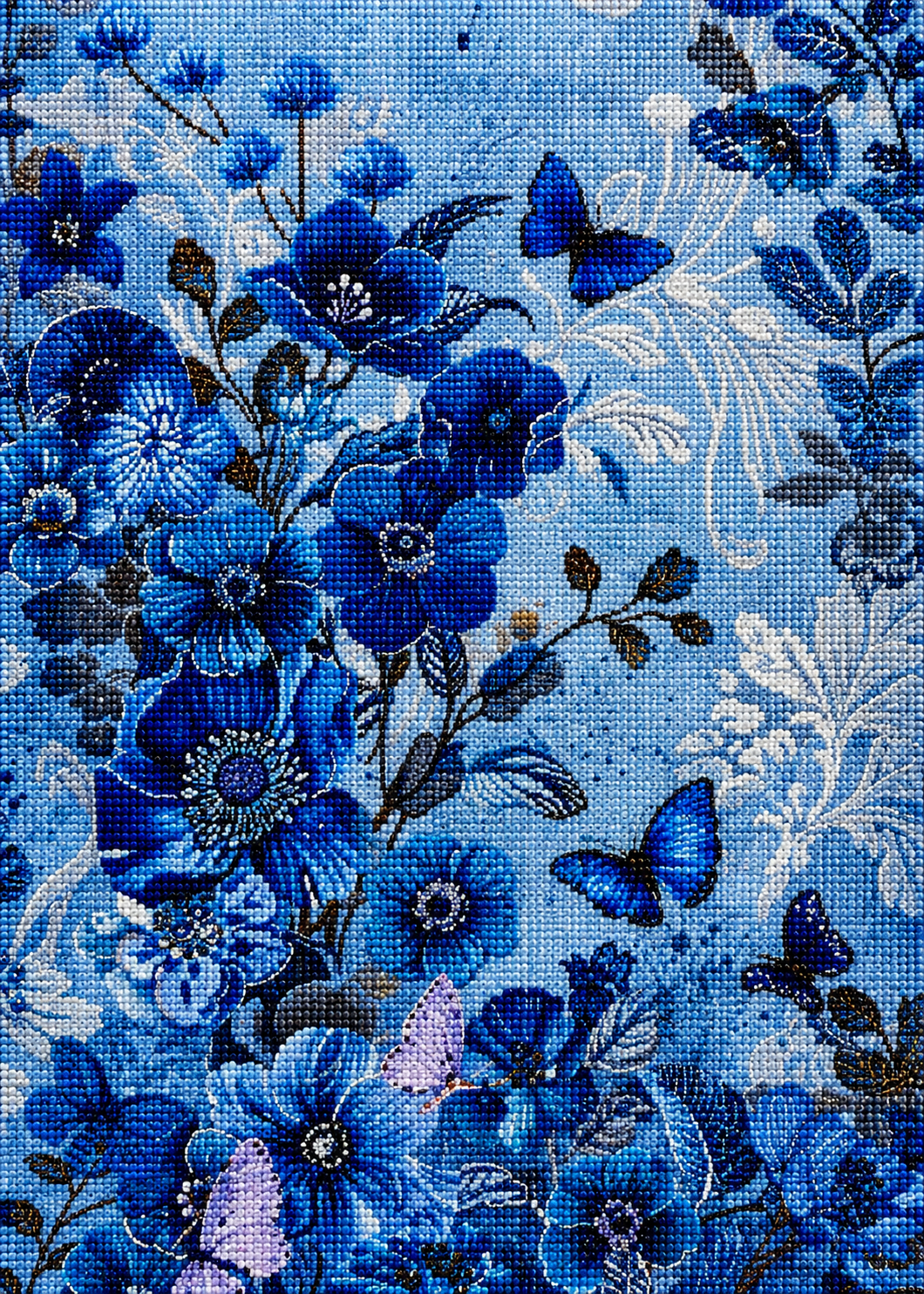Shades Of Blue Butterflies And Flowers Diamond Art Kit